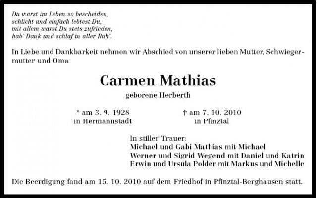 Herbert Carmen 1928-2010 Todesanzeige